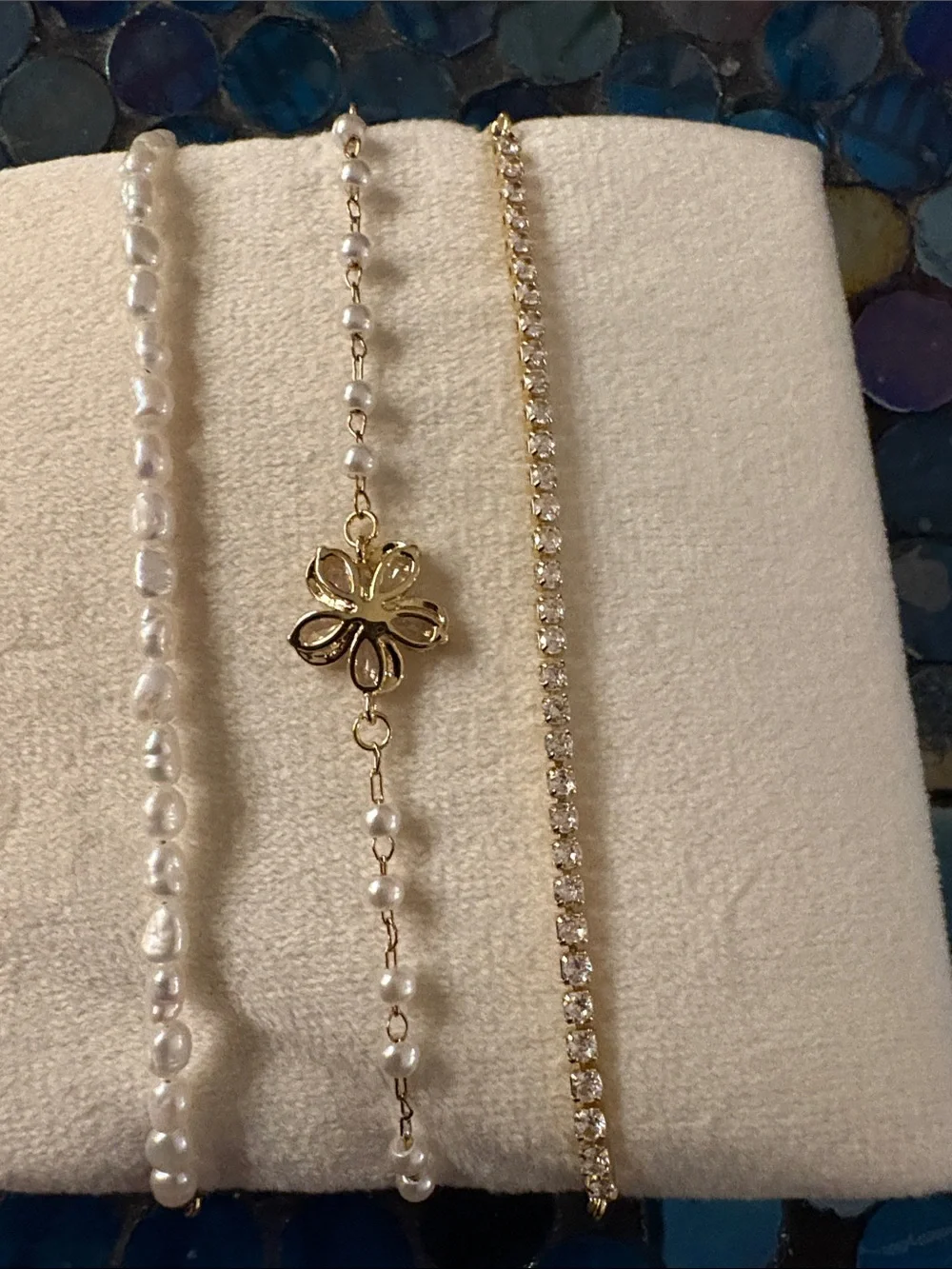 Gold Plated Natural pearls and Cz Flower 3 Bolo bracelets. From India.